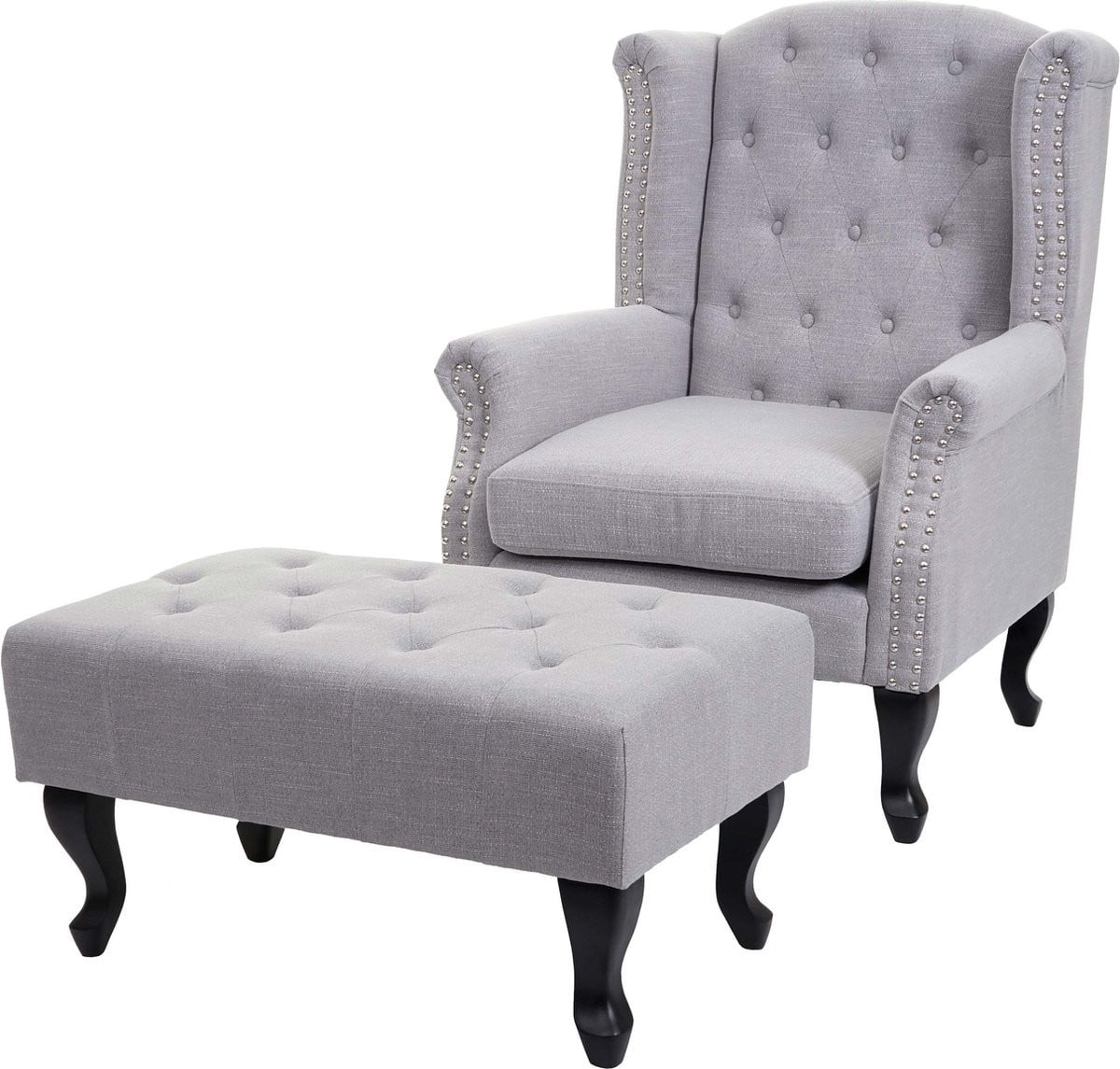 Chesterfield fauteuil met voetenbank in grijze waterafstotende stof