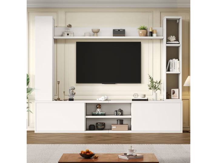 Ensemble mural TV blanc avec meuble TV deux colonnes et étagère murale