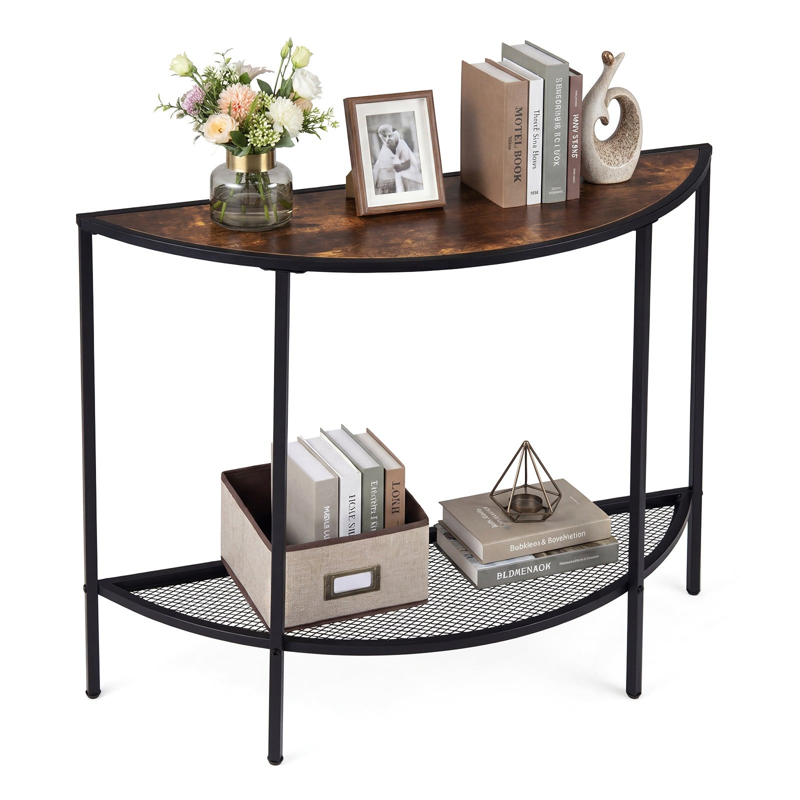 Costway Console Tafel Bijzettafel Half Rond met 2 Niveaus Bruin