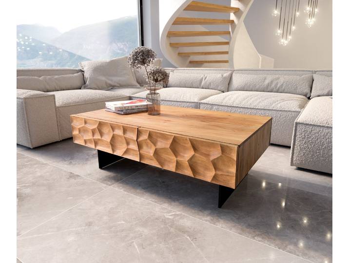 Couchtisch Solu 120x70 cm Akazie Natur 4 Schübe Fuß schwebend Metall Schwarz 3D-Front, Couchtische