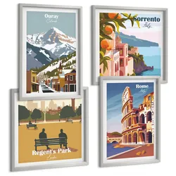 BILDER SET 4er Set - 50x50 cm & 40x60 cm Silberner Rahmen - Retro-Illustrationen berühmter Orte