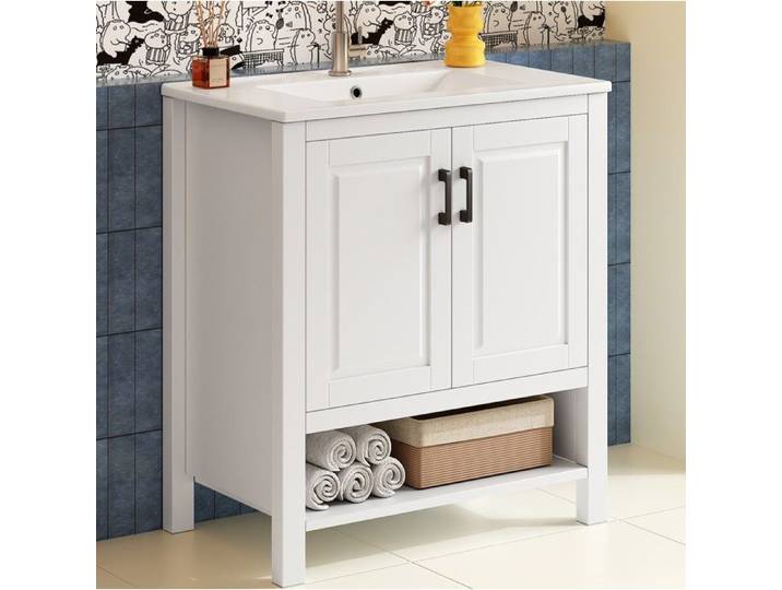 Meuble sous vasque blanc laqué - Vasque céramique intégrée - Double porte - Rangement ouvert
