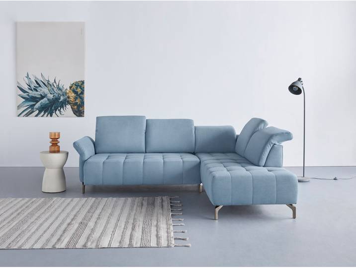 Ecksofa, Polyester, Hellblau 260×220 cm, Mit Kopfteilverstellung & Ottomane Rechts, Klassisch-Modern, Inosign
