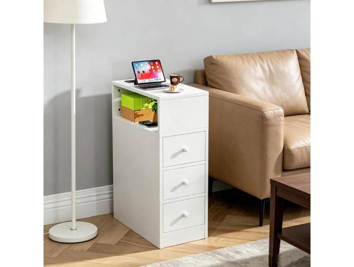 Table de Chevet Blanche Style Scandinave - LVHCMFOHM - 1 Compartiments Ouverts+3 Tiroirs - Design Étroite - 25x45x70cm
