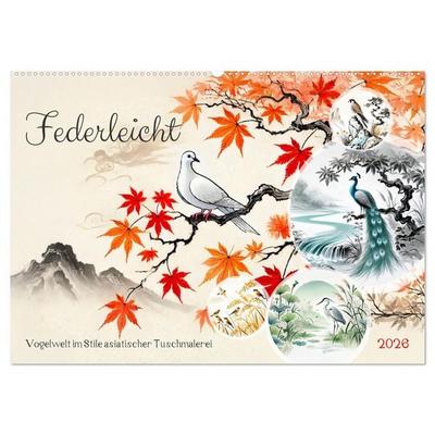 Federleicht - Vogelwelt im Stile asiatischer Tuschmalerei (Wandkalender 2026 DIN A2 quer), CALVENDO Monatskalender