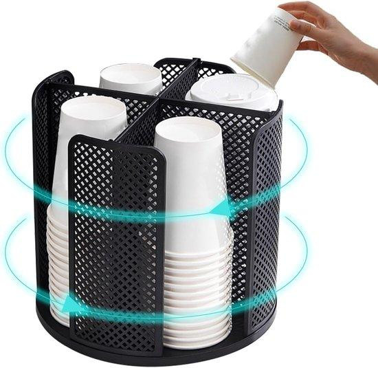 Ronde 360 graden draaiende becherdispenser met 4 compartimenten, zwart plastic