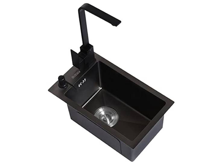 Schwarze Edelstahlspüle Mini-Spüle Für Bartheke Apartment-Spüle Mit Wasserhahn Kleine Kaffee-Eckspüle Inklusive Zubehör (S : 32x32x22cm)