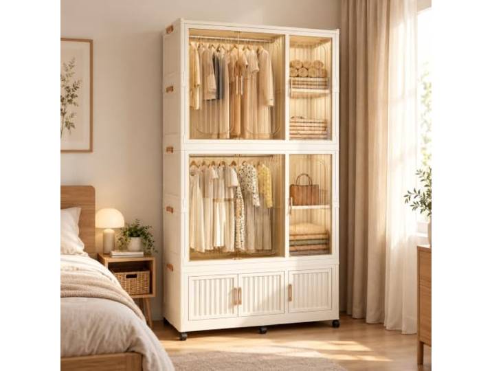 Faltbarer Kleiderschrank 92×45×196 cm, PP-Schrank auf Rollen 9 Magnettüren, 2 Kleiderstange, 9 Fächer, 6 Rollen & 6 Bügel – mobile Aufbewahrung für Schlafzimmer und Mietwohnung