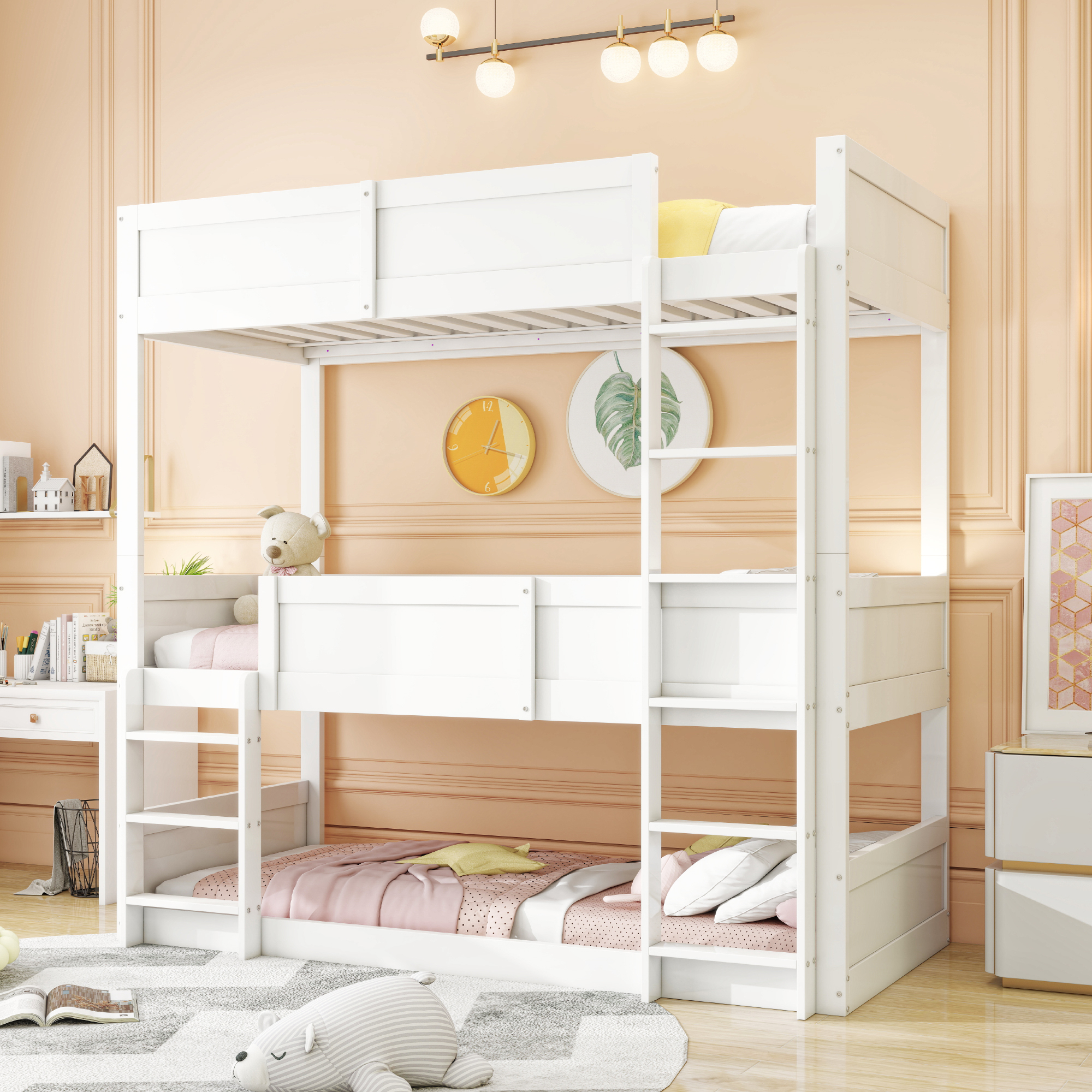 Sweiko Dreibettzimmerbett 90x200 cm, Massivholzlatten, Hochbett, hohes Zaundesign, Kinderbett, Holzbett, weiß