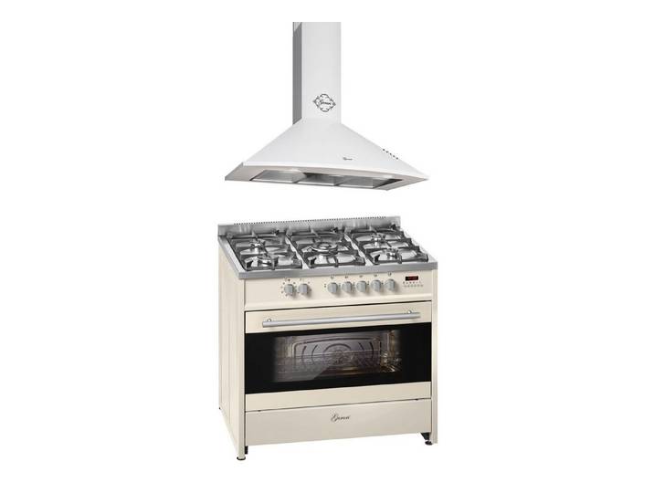 GURARI Gas-Standherd Gas Elektro Standherd 90 cm 121 L Erdgas Fl.Gas 4 Kw WOK mit Dunstabzugshaube 90 cm, Weiß, Saugstark 1000m³/h GCH E 911 Cr +GCH 046 WH 9, mit 1-fach-Teleskopauszug, Gas Elektro Standherd 90 cm 121 L+Dunstabzugshaube 90 cm