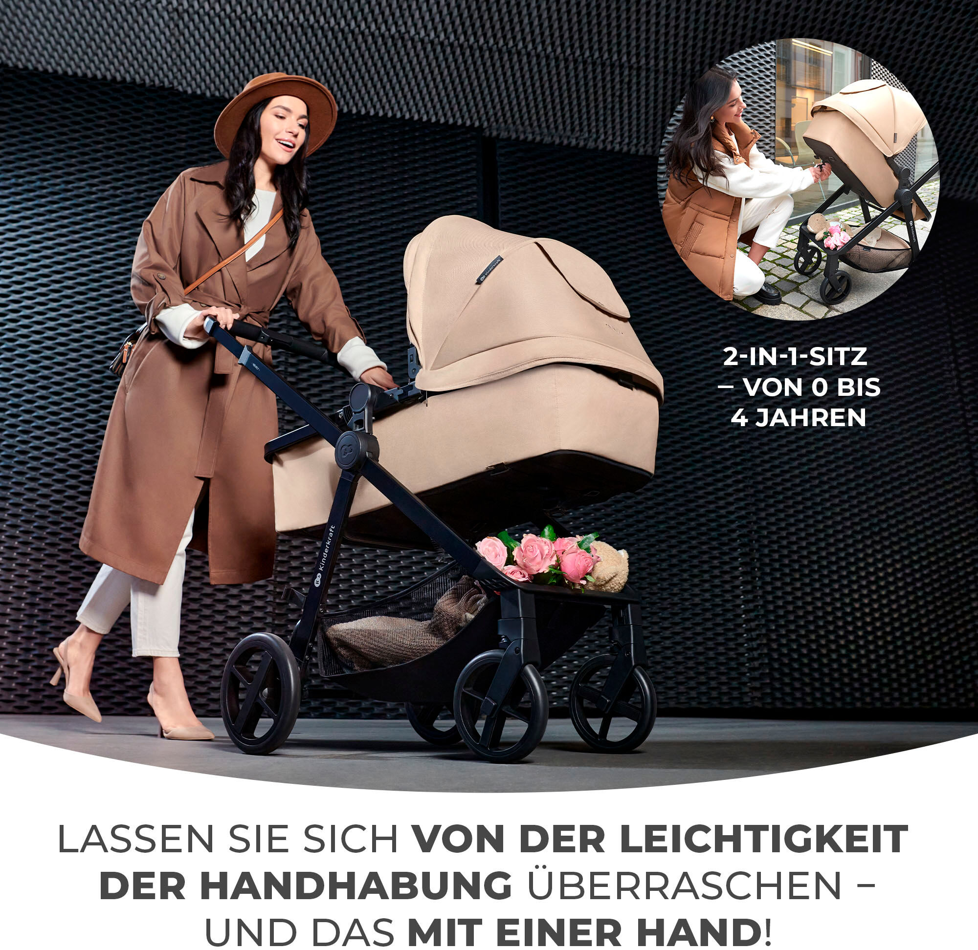 Kombi-Kinderwagen KINDERKRAFT "NEWLY 4IN1 MINK PRO", Baby, beige, Stahl, Kinderwagen Kombi-Kinderwagen