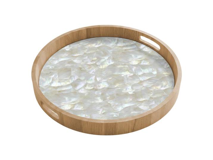 OnlyWow Tablett - Perlglanz - Weiß - Muschel - 50x50 cm, Holz, Echtholz,Eiche, Rund, 50x5x5 cm, Geschirr, Tischkultur & Serviergeschirr, Tabletts