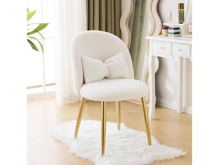 VINGLI Fauteuil Relax Chaise Coiffeuse Fauteuil avec Coussin Nœud Dossier Incurvé sans Accoudoirs en Peluche Teddy Blanc