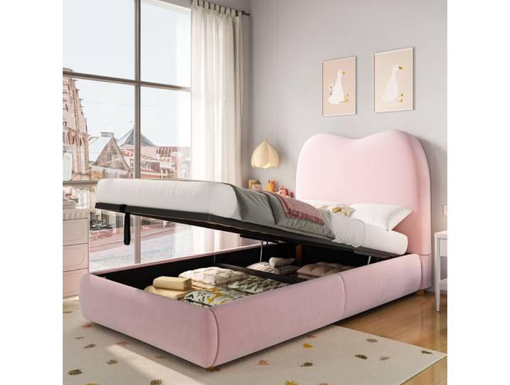 HOMVRA Lit Coffre 90x200 cm Lit Enfant avec Sommier à Lattes Lit Simple en Velours Rose (Sans Matelas)