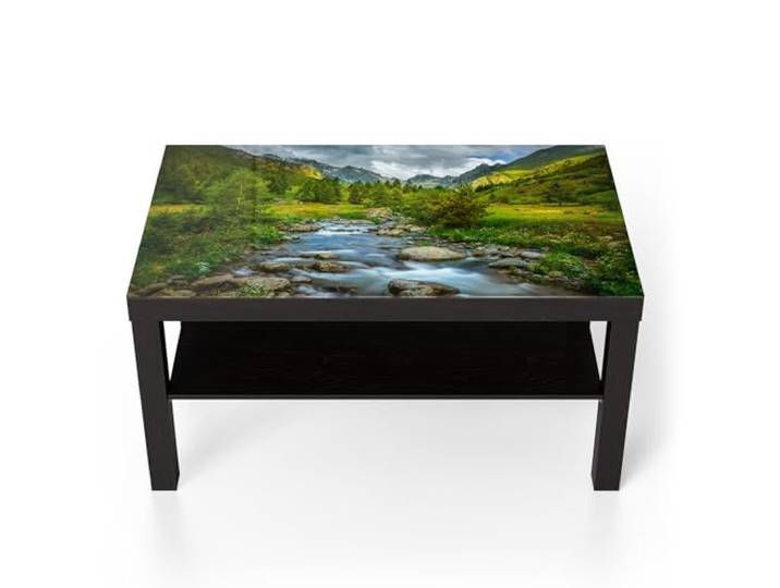 DEQORI Glastisch schwarz groß 90x50 cm Motiv Idyllischer Bergfluss ausgefallener Beistelltisch aus Glas Hochglanz Couchtisch fürs Wohnzimmer moderner Couch Tisch mit Design