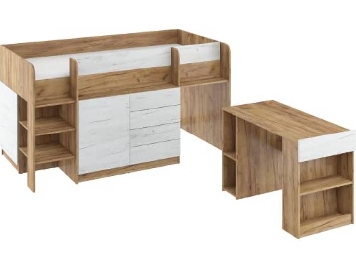 FurnitureByJDM Hochbett mit Schreibtisch, Schubladen & Bücherregal Platzsparendes Kinderbett 90x200 cm Matratzengröße – Linksseitige Treppe – SMILE (Craft Weiß/Craft Gold)