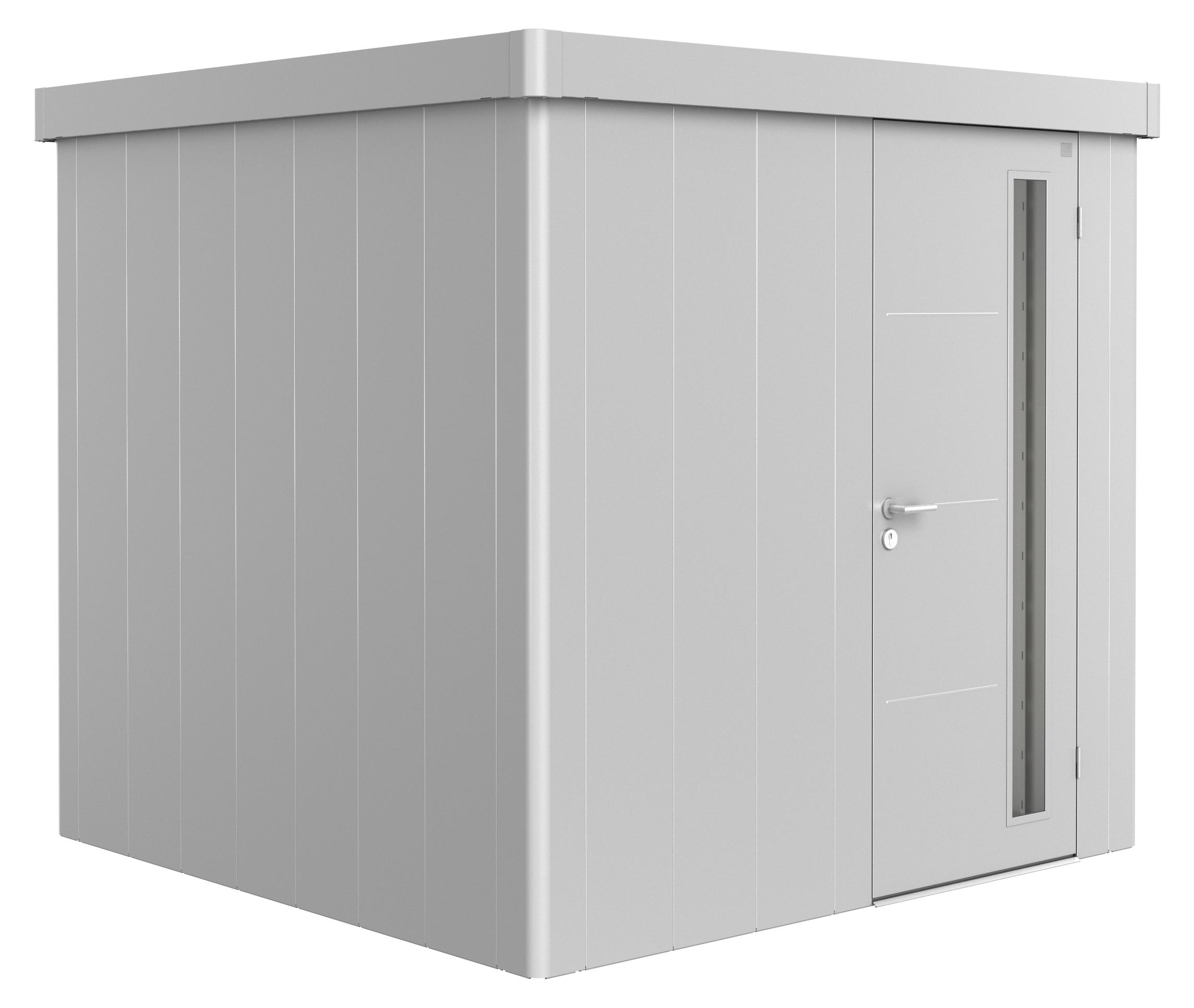 Biohort Neo, Metall-Holz-Schuppen, Einzelbild, Flachdach, Silber, Sperrholz, Silber