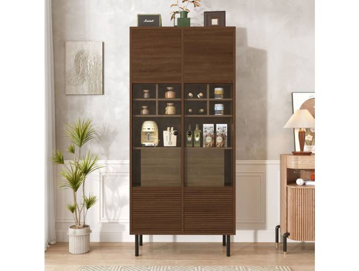VUENOR Colonne de rangement 75 5x35x164 5 cm bois noyer – façade vitrée 4 tiroirs