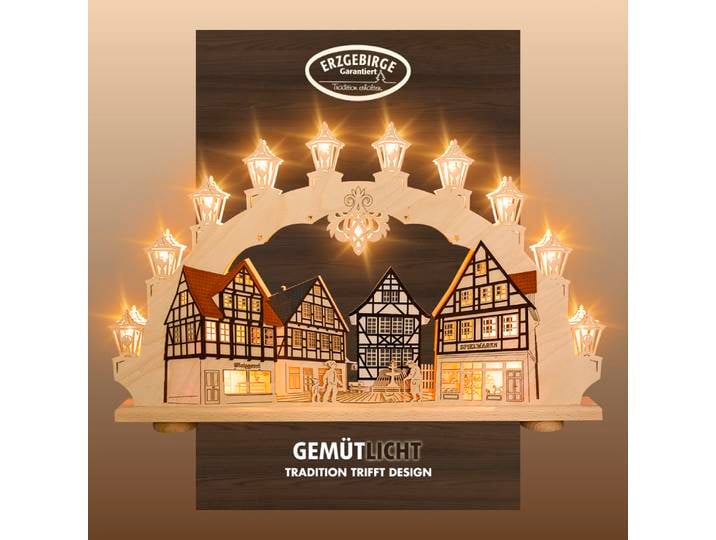 Schwibbogen WEIGLA Altstadt, Fachwerkhaus, Lichterbogen aus Holz, Made in Germany , beige (natur, braun), B:66cm H:41cm T:6cm, Holzwerkstoff, Schwibbögen, Schwibbogen, Erzgebirge garantiert, Weihnachtsdeko Innen, Weihnachtsbeleuchtung