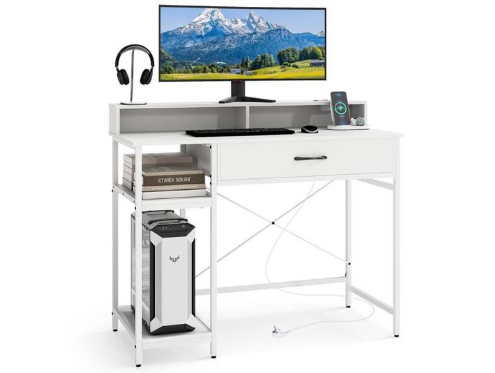GIANTEX Bureau Informatique- Station de Charge- Tiroir- 2 Étagère Ouvertes- Étagère pour Moniteur-