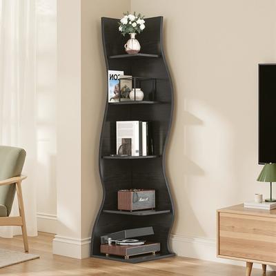 "Javlergo 5-Tier Corner Bookshelf with Wavy Curved Design 70"" Tall Floor Open Shelves for Living Room & Home Office"