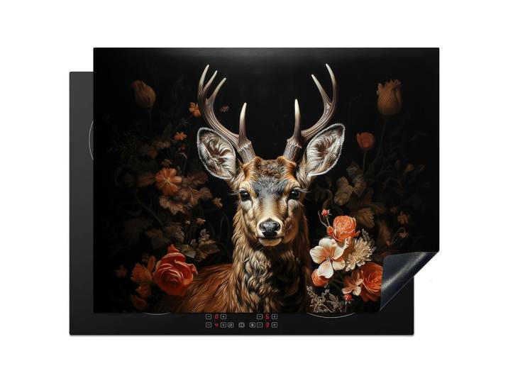 HERDABDECKPLATTE Hirsch - Tier - Blumen - Natur - Botanisch Induktionsmatte 77x59 cm