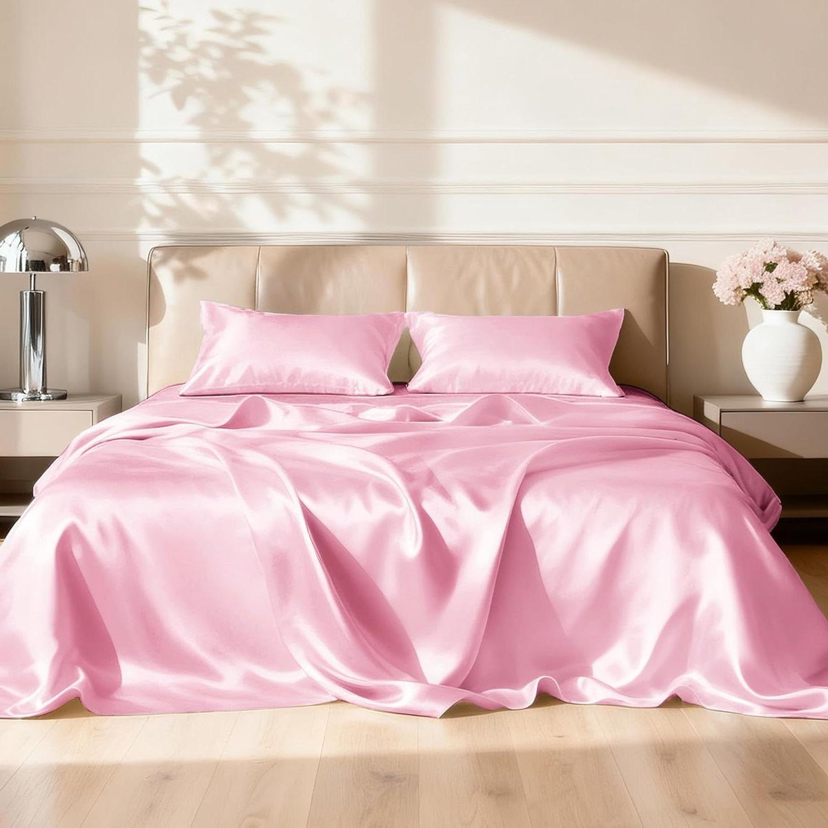 4-delige Queensize Satijnen Lakenset - Roze