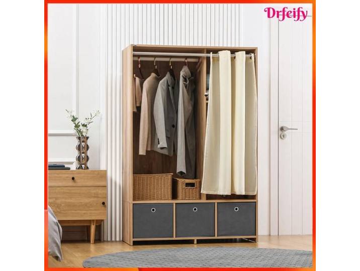 Armoire penderie - AKOZON - 8127 - 105 x 48 x 160 cm - aspect bois naturel - 3 tiroirs en tissu