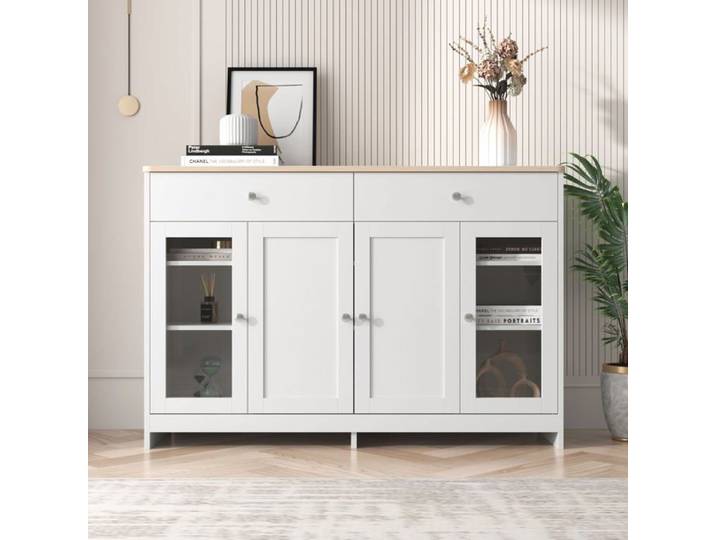 Logidon Dressoir Structure Bois Blanc 120 cm Portes Et Tiroirs