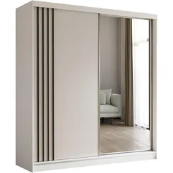 KLEIDERSCHRANK mit Spiegel-Schiebetüren und Aluminium-Leisten - NALLA - 200 cm Weiß+Weiß+Schwarz