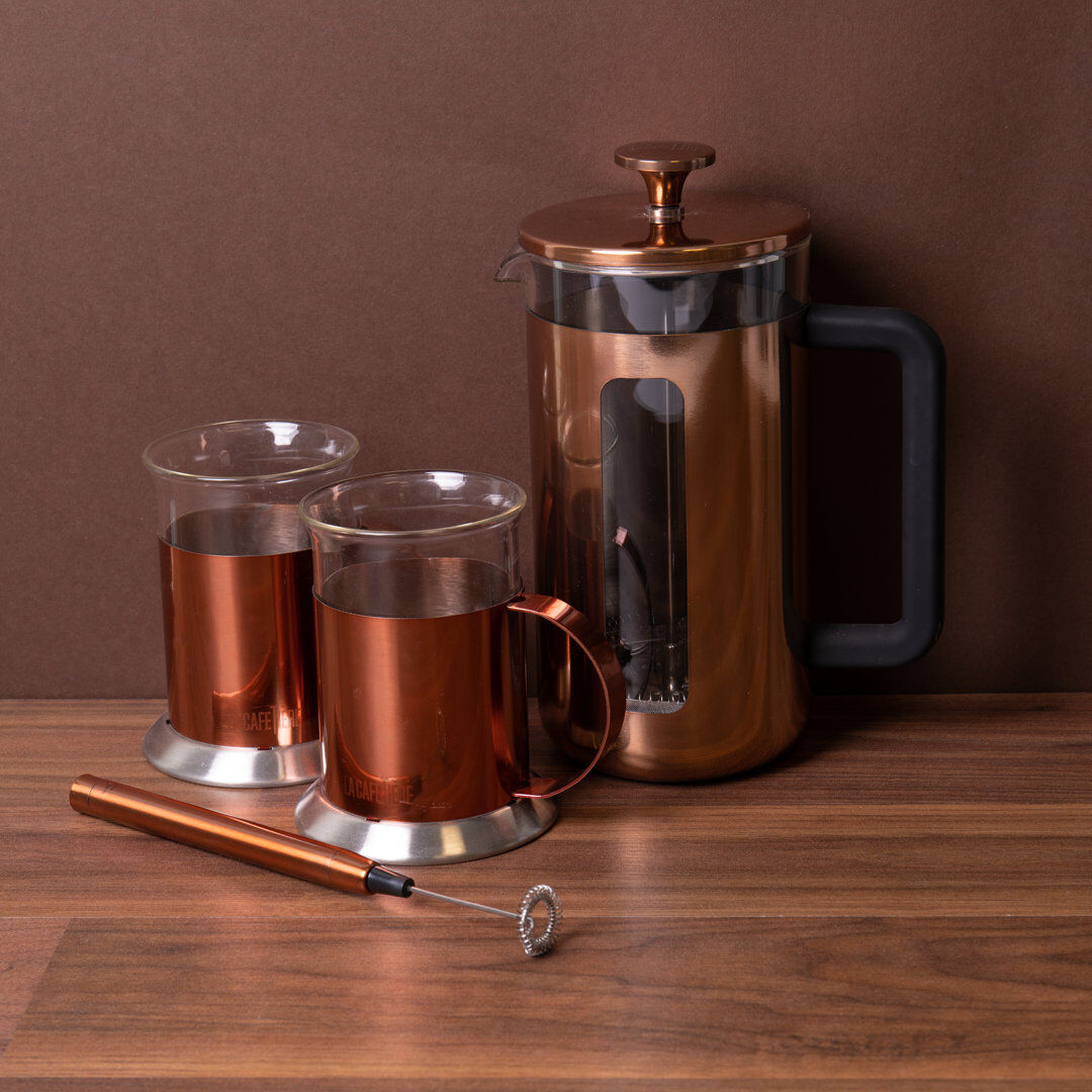 La Cafetière 3pc Set with Copper Pisa 8-Cup Cafetière, Milk Frother and 2x Copper Coffee Mugs Gold 8L