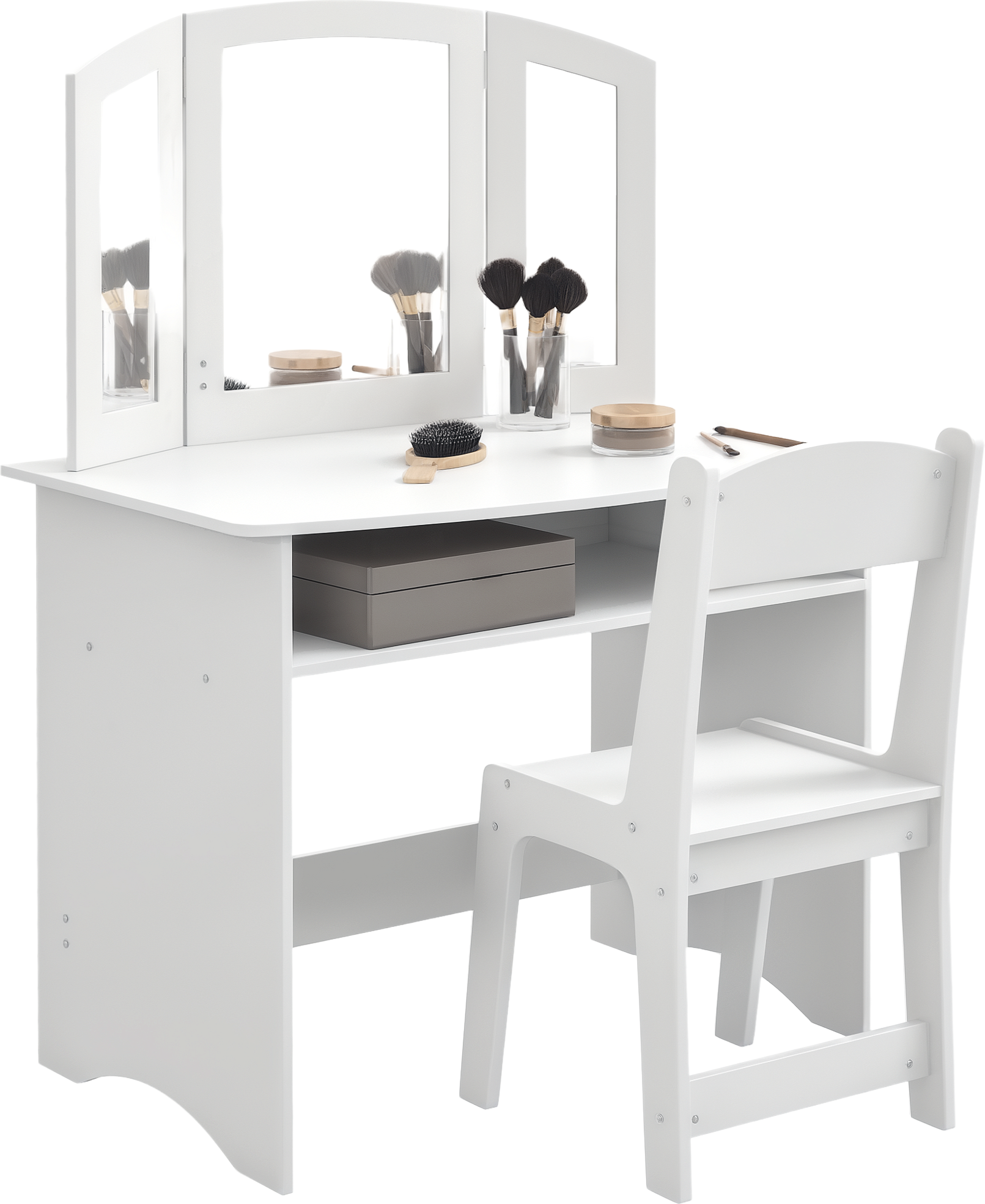 Altro Set Da Trucco Per Bambini Con Tavolo Toeletta Con Specchio Triplo Rimovibile E Sedia In Legno Bianco