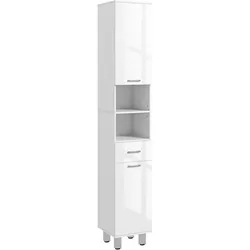 kleankin Badezimmerschrank schmaler Wäscheschrank Schublade offene Regale 2 Türen 180 cm Hochglanz Weiß
