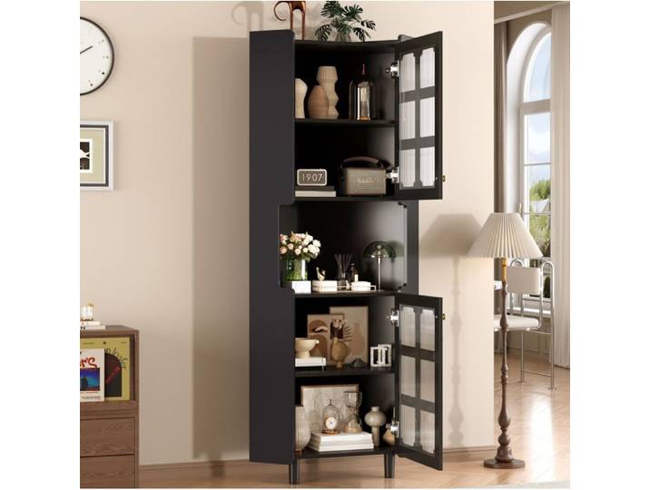Vitrine D Angle En MDF Noir Meuble LED Moderne FloraGrace Pour Salon Gain De Place 63.5x15x157.5cm