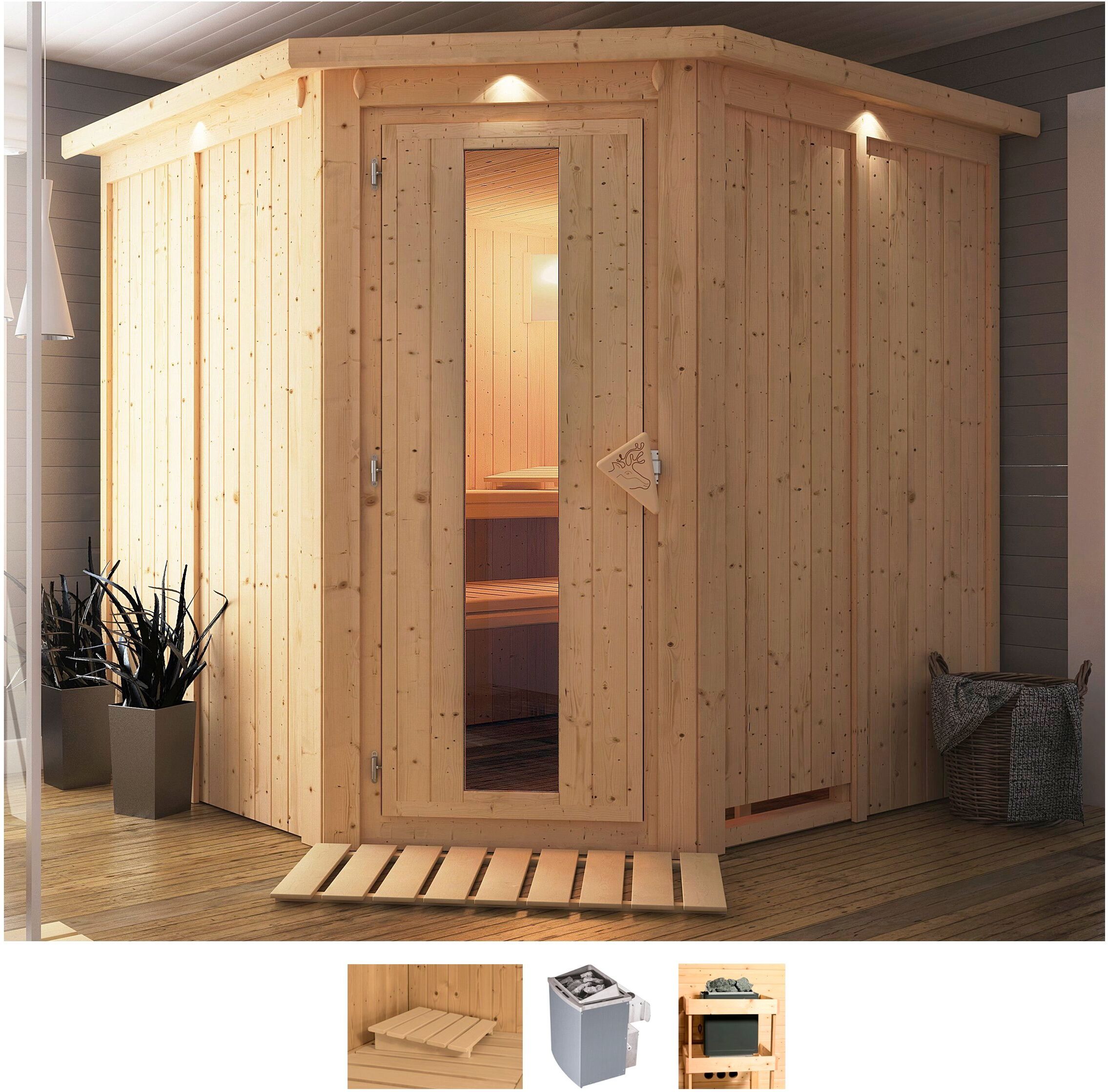 Sauna KARIBU "Jarin", beige (naturbelassen), Saunaofen, integrierte Steuerung, 9 kW, Saunen, Ofen 9 kW integr. Strg