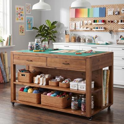 OEM Solid Wood Rolling Craft Table with Drawers Sewing Table with Shelves, Project Center Desk, DIY Drafting Writing Workstation