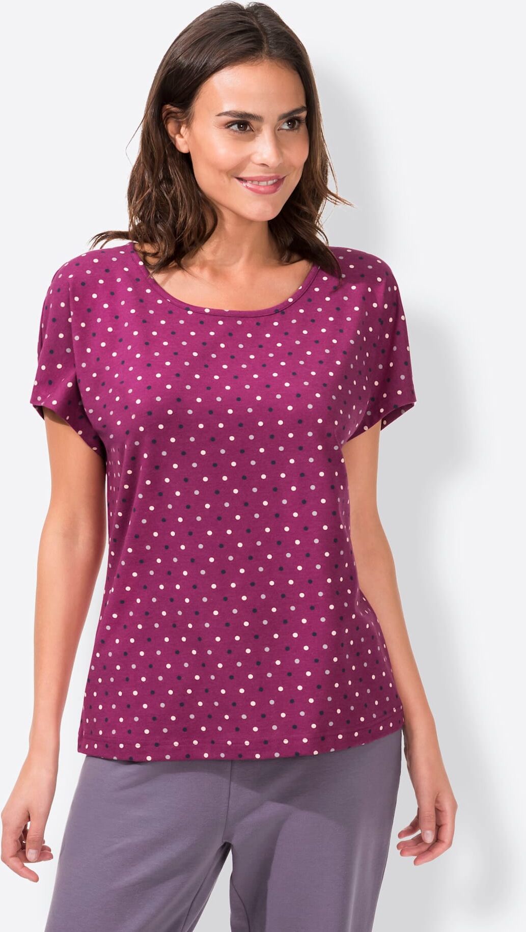 Kurzarmshirt FEEL GOOD "Shirts", Damen, Gr. 52/54, lila (beere, beere, gepunktet), 60% Baumwolle, 35% Polyester, 5% Elasthan, gemustert, gepunktet, unifarben, Rundhals, Shirts Kurzarmshirt beere, beere, gepunktet 52/54