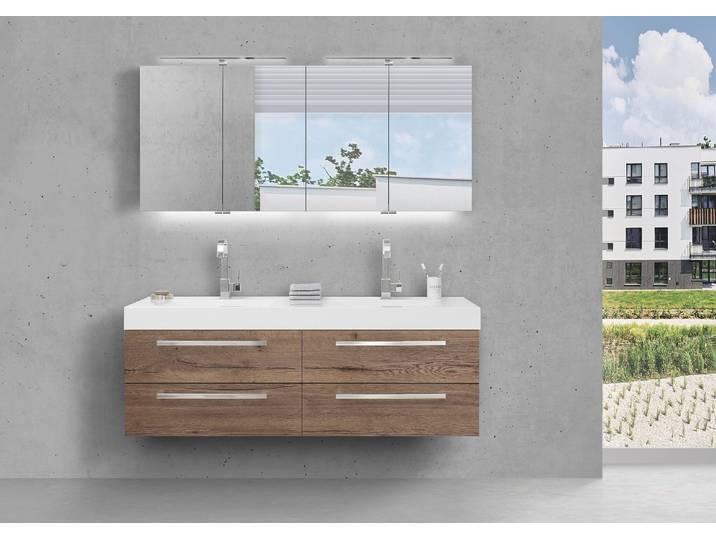 Badmöbel Set Doppelwaschbecken 160 cm mit Unterschrank, MULTI Light LED Spiegelschrank