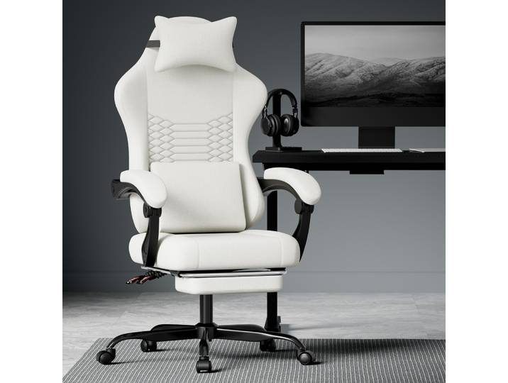 Chaise de jeu ergonomique PINGGO avec repose-pieds - Chaise de bureau en tissu avec appui-tête et fonctions de massage
