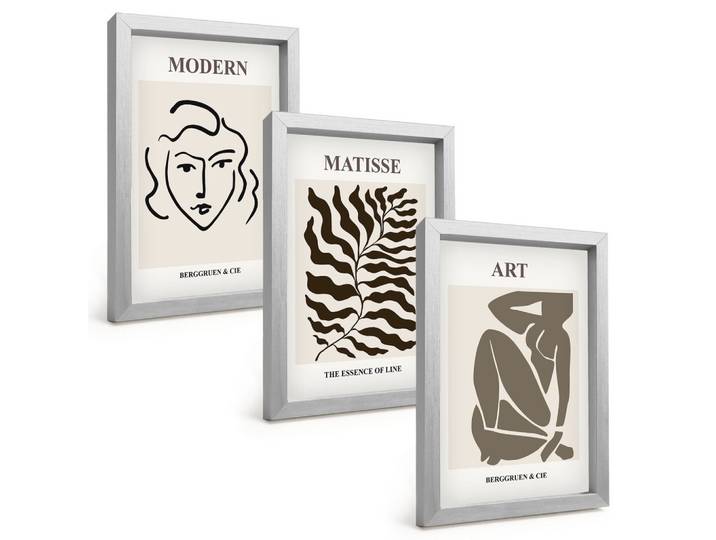 BILDER SET 3er Set - 20x30 cm Silberner Rahmen - Stilvolle Grafiken, Linien, Zeichen