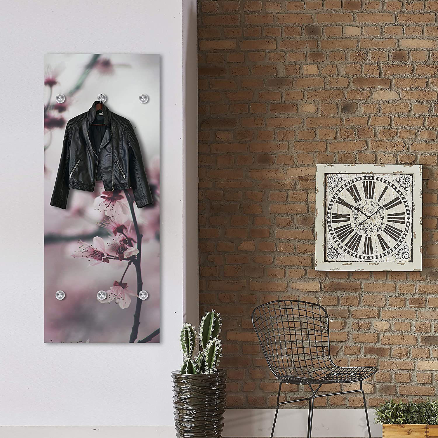 Garderobenleiste QUEENCE "Violet", lila, B:50cm H:120cm T:3cm, Acrylglas, Edelstahl, Garderobenhalter, Garderobenleiste, Kirschblüten, Wanddeko, Garderobe lila B/H/T: 50cm x 120cm x 3cm