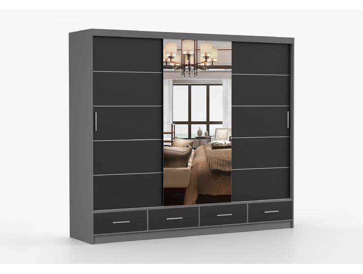 Schwebetürenschrank FLORENCE 250 cm Grau Schwarz + Spiegel