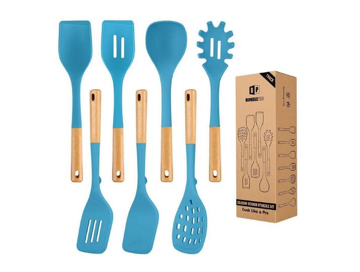 LuxusKollektion Kochbesteck-Set Küchenutensilien Set 7tlg Blau Holzgriff