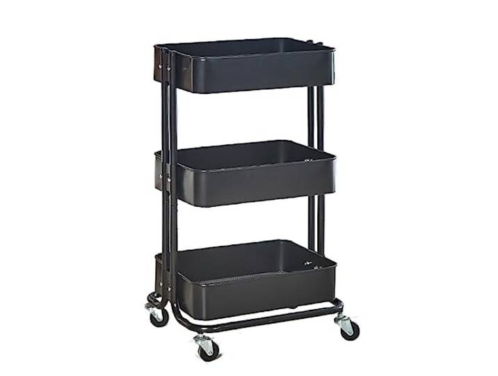 DFHetFH Rollwagen 3-stufiger Metall-Rollwagen, Mehrzweckwagen, Regale, Aufbewahrungswagen Mit Rad, Küchenaufbewahrungswagen Küchenwagen(Black)