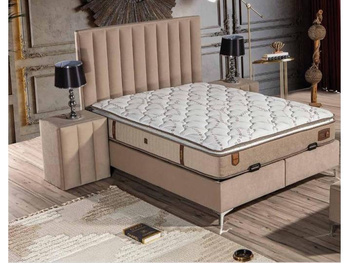 JVmoebel Boxspringbett Beiges Bett mit Textiloberfläche und Edelstahlrahmen (1-St)
