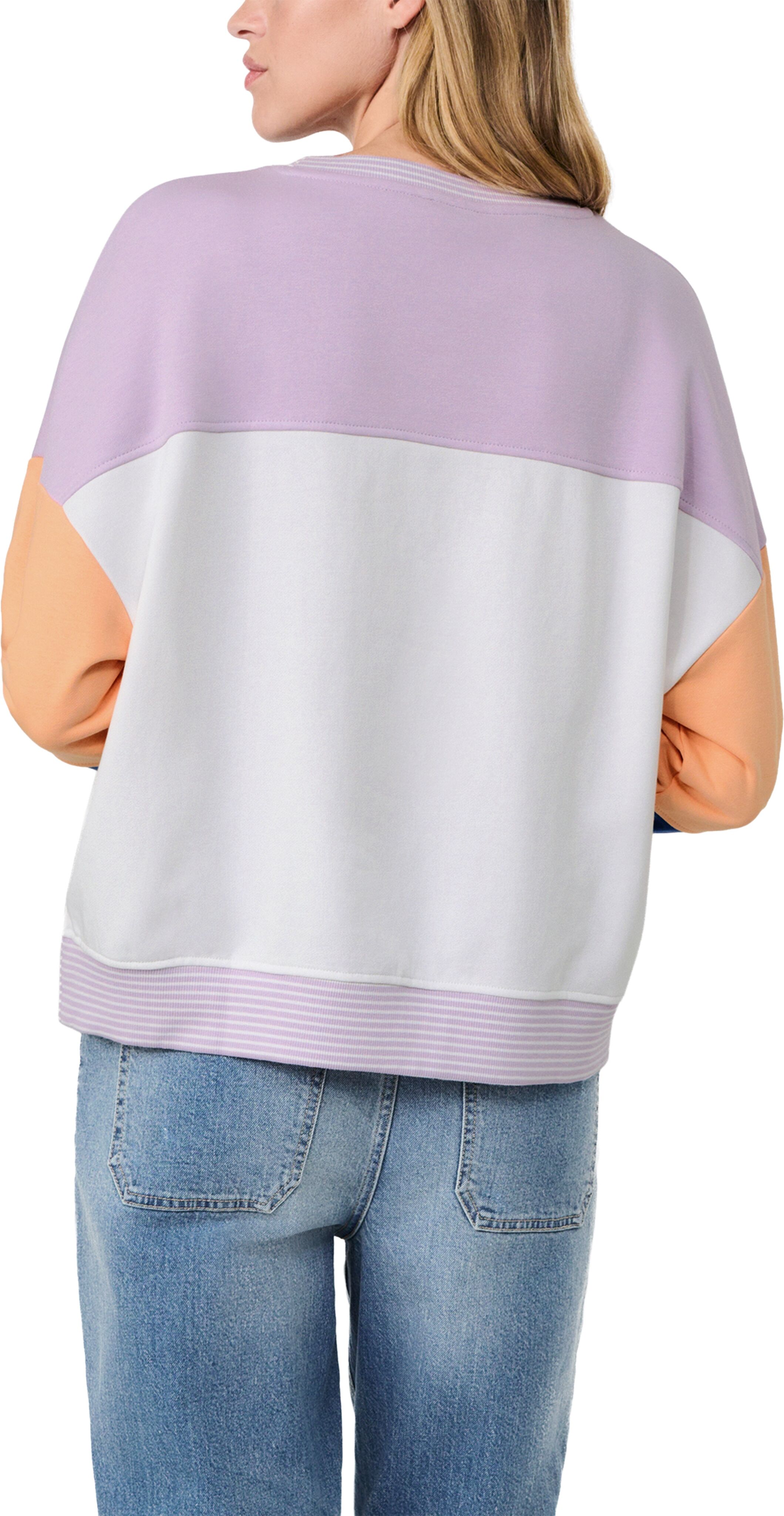 Sweater S.OLIVER "s.Oliver X Heidi Klum Sweatshirt Color Block", Damen, Gr. 44, soft lavender, Sweatware, Obermaterial: 85% Baumwolle, 15% Polyester, bedruckt, geringelt, normal hüftbedeckend, Rundhals, Bündchen kontrastfarben, Sweatshirts Sweater, im Col