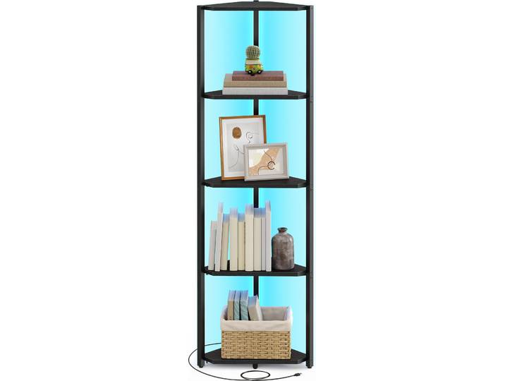 Eckregal mit 5 Ebenen, Bücherregal mit einstellbarer LED-Beleuchtung