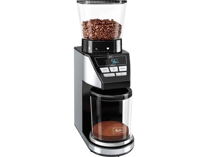 Melitta Calibra 1027-01\, moulin à café électrique avec balance intégrée\, broyeur conique\, Noir/Inox