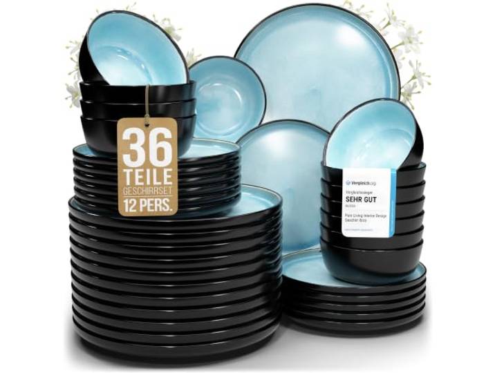 Steingut Geschirrset 12 Personen Ibiza 36 tlg. TESTSIEGER, Traumhaftes Mediterranes Steingut Geschirr Set, Schüssel- und Teller Set, Tafelservice 12 Personen, Geschirrsets Pure Living in Türkis