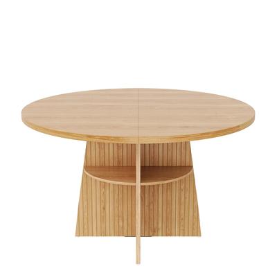 OKWISH Esstisch MDF Natur 110-150x110x77,5 cm, ausziehbare Tischplatte, runde bis ovale Form mit Ablageboden
